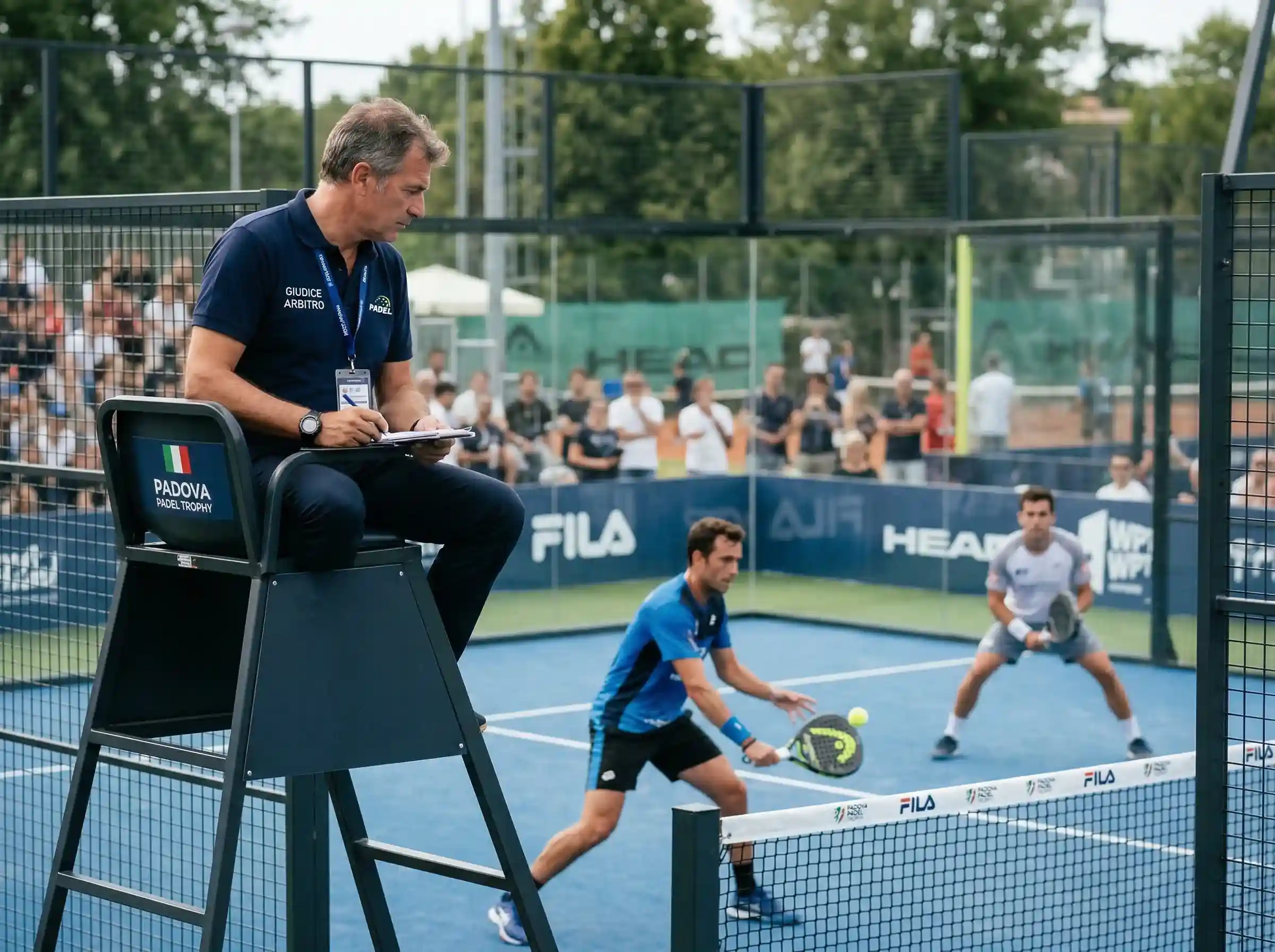Arbitro di padel seduto sulla sedia durante una partita di torneo professionistico