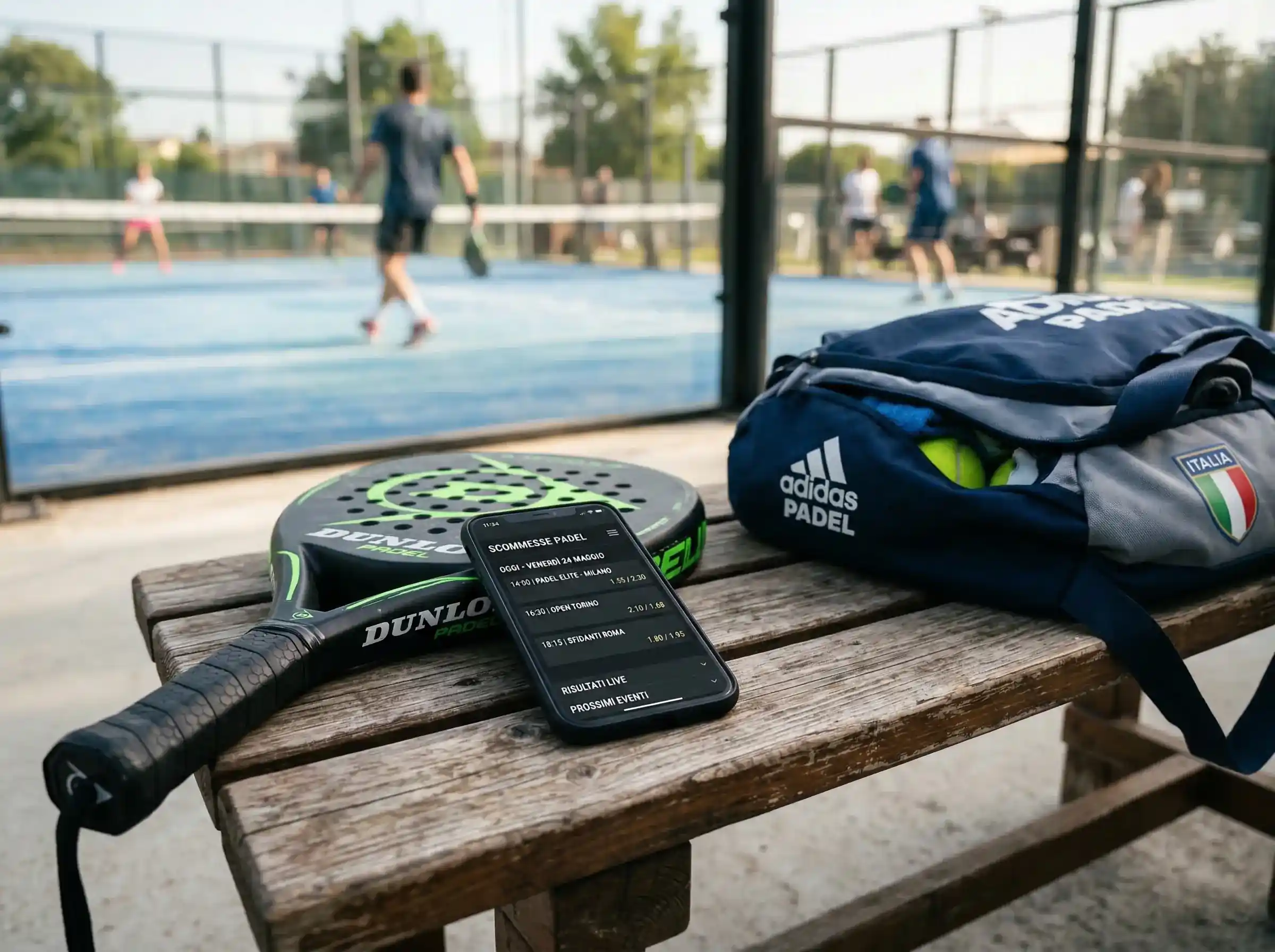 Smartphone con schermata di palinsesto sportivo accanto a una racchetta da padel