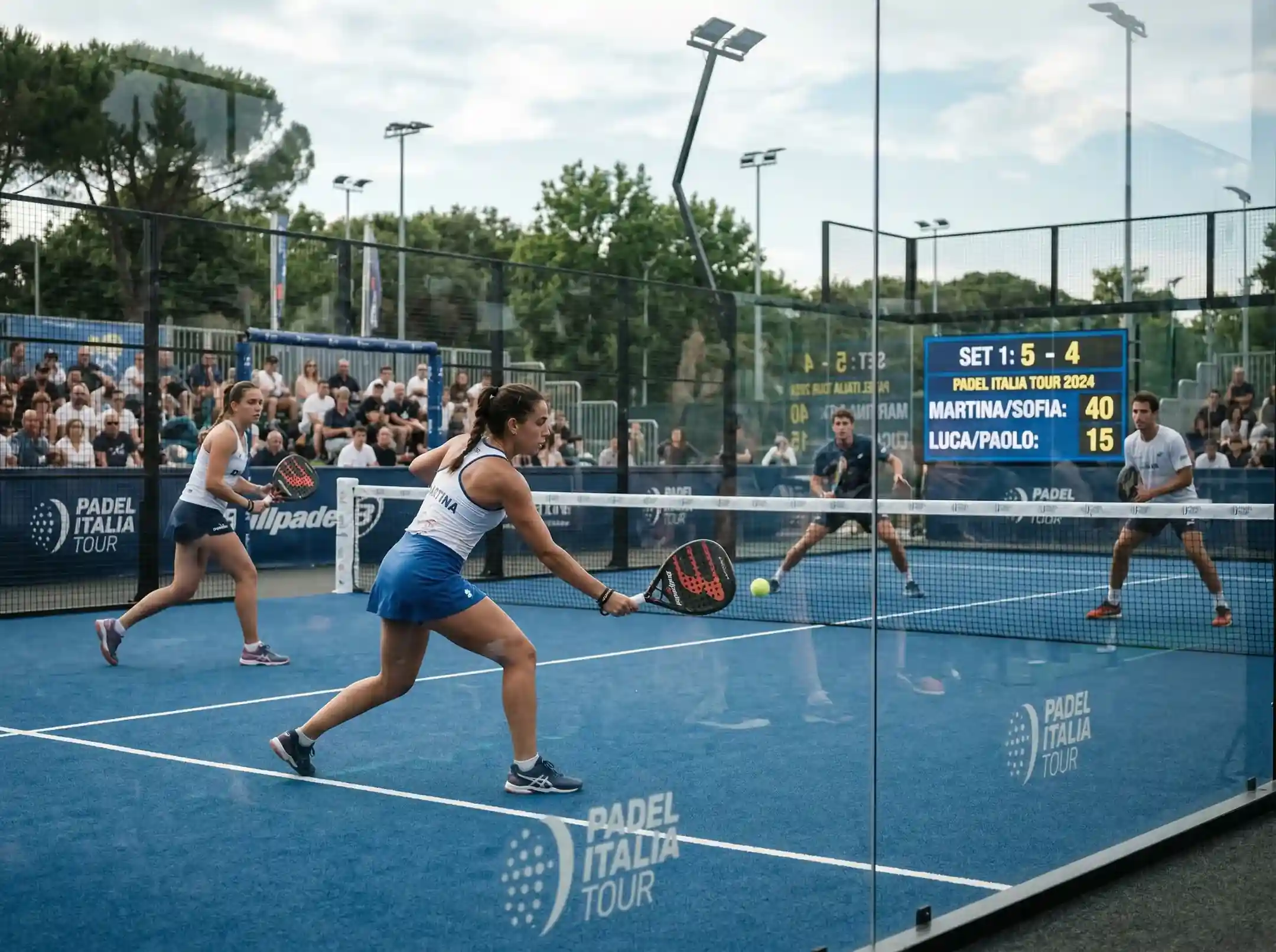 Campo da padel durante un torneo Premier Padel con tabellone elettronico delle quote